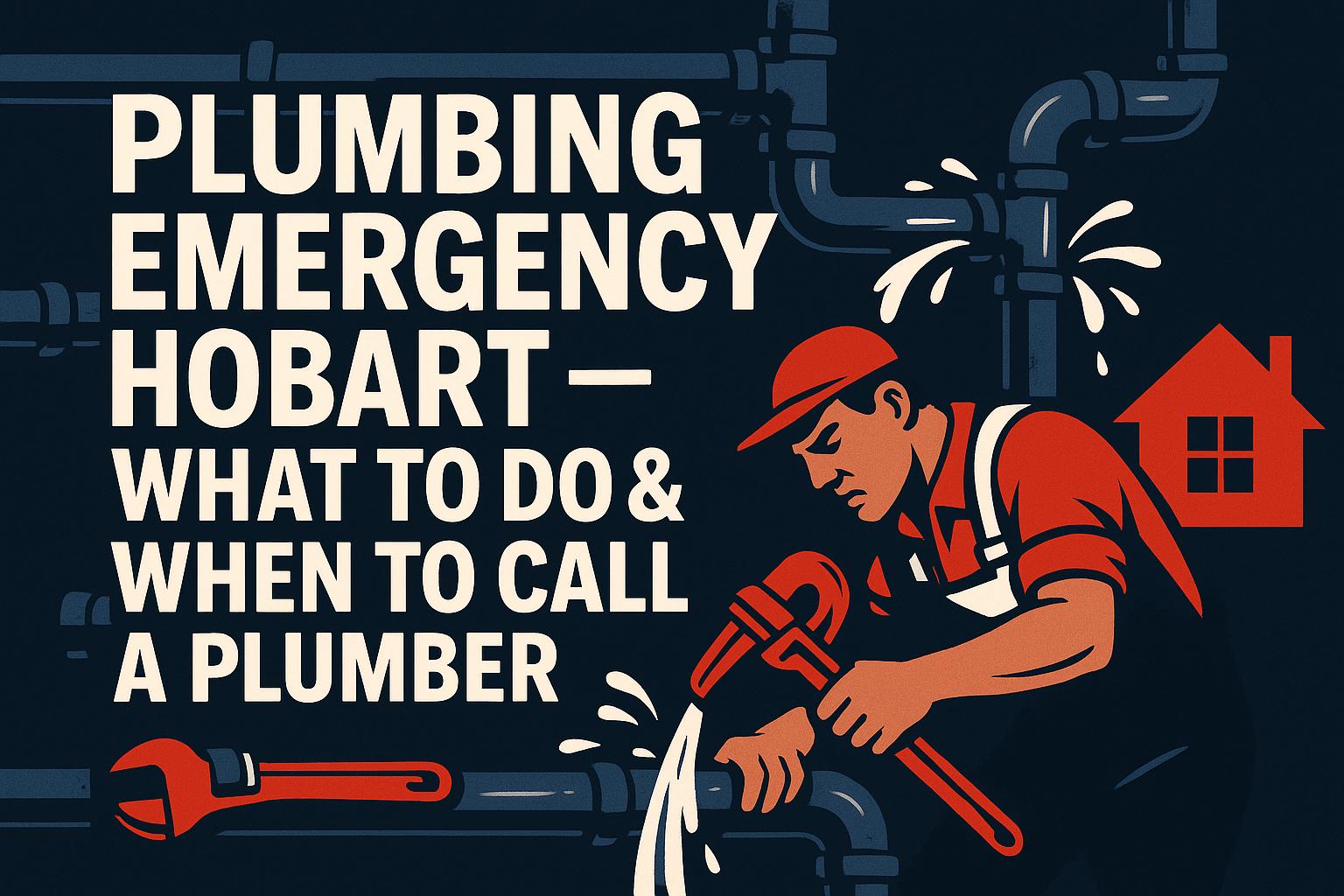 An illustration depicting a plumbing emergency scene in Hobart, featuring pipes, tools, and water leaks.